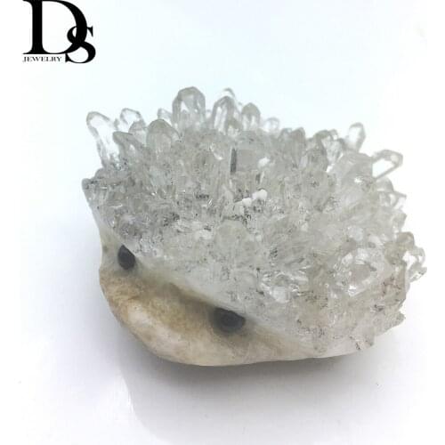 DS Natural Clear Quartz Crystal Cluster Hedgehog Figurine Hand Carved Animal Statue Healing Crystal Stone Home Decoration