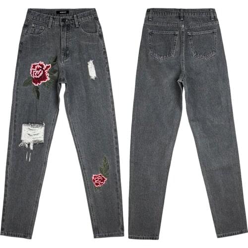 DSQBRAND womens high-waist straight-leg jeans street BF wind ripped denim trousers gray embroidery autumn and winter new luxury
