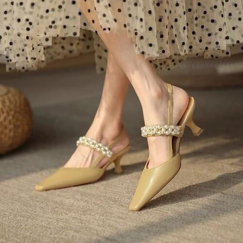 Elegant Women Slingbacks Mid High Heels Mary Janes Pumps Chains Pearl Ladies Party Dress Shoes for Wedding Women