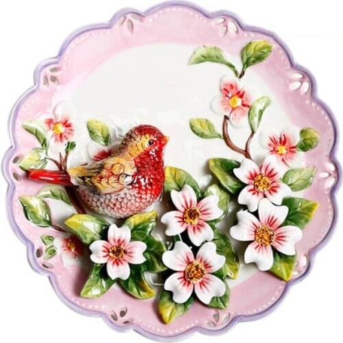 Ceramic Embossed Painted Decorative Plate Bird and Flower Hanging Plate Home Decorations Wall Decoration Wedding Gift