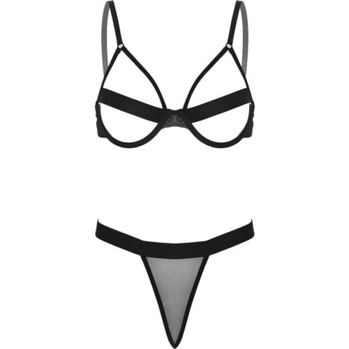 Women Two-Piece Exotic Lingerie Set Underwear Adjustable Shoulder Straps Hollow Out Underwire Bra with Low Rise G-String T-Back