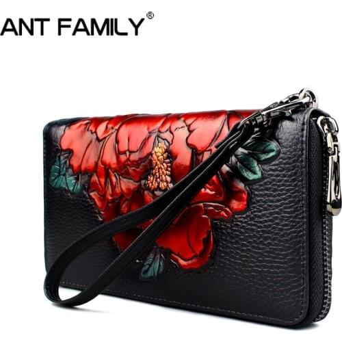 Genuine Leather Womens Wallets Zipper Fashion Flower Long Wallet Purse Female Party Clutch Ladies Real Leather Wallet Phone Bag