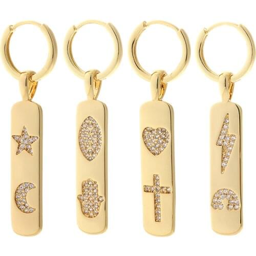 Moon and Star Hoop Earrings Cubic Zircon Cuboid Geometric Pendant Dangle Earrings Female Ear Rings Copper Korean Fashion 2021