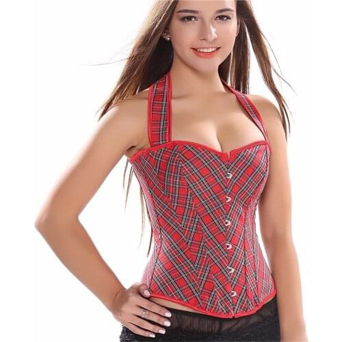Fashion Red Plaid Halterneck Sexy Overbust Corset Women Palace Corset Top S-6XL
