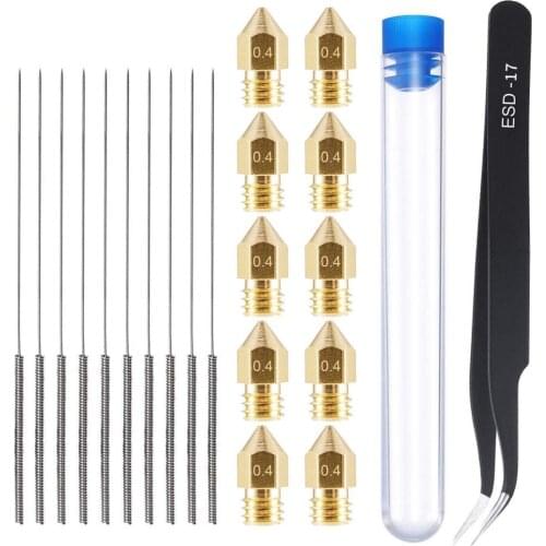 21 Pieces 3D Printer Nozzle and Cleaning Kit 0.4 Mm Mk8 Nozzles 0.4 Mm Needles and 1 Pack Tweezers Tool Kit Stainless Steel No