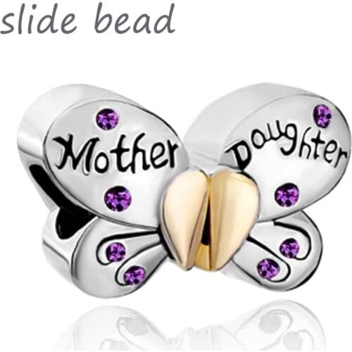 Fit Pandora bracelets Mother Daughter Charm Separable Butterfly Charm Light purple Crystal Heart Love
