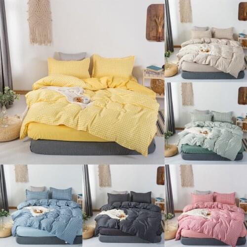 Home Living Grid Print 3/4Pcs Bedding Flat Sheet Pillow Case Duvet Cover Queen Size and King Size Bedding Sets