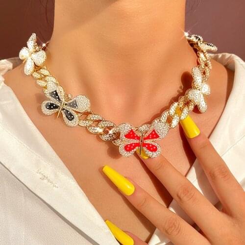 Rapper Luxury Rhinestone Butterfly Cuban Necklace for Women Iced Out Crystal Cuban Link Chain Choker Necklaces Hip Hop Jewelry