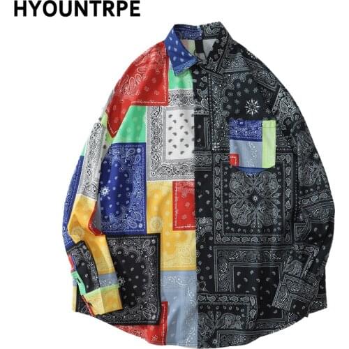 Fashion Patchwork Harajuku Printed Shirt Mens Casual Long Sleeve Turn Down Collar Vintage Tops Hip Hop Loose Streetwear Shirts