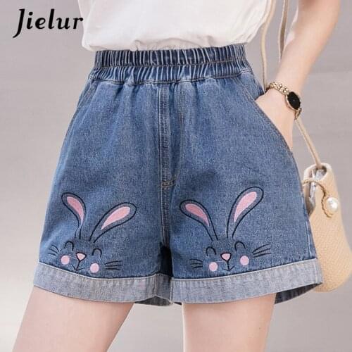 Jielur High Waist A-line Rabbit Pattern Hot Shorts for Women Loose Cute Embroidery Denim Shorts Women Korean Style Jeans Blue