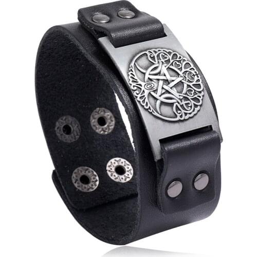 Jessingshow Vintage Genuine Wide Leather Bracelet Tree Of Life Silver Color Charm Viking Bangle Amulet Wristband Gift For Men