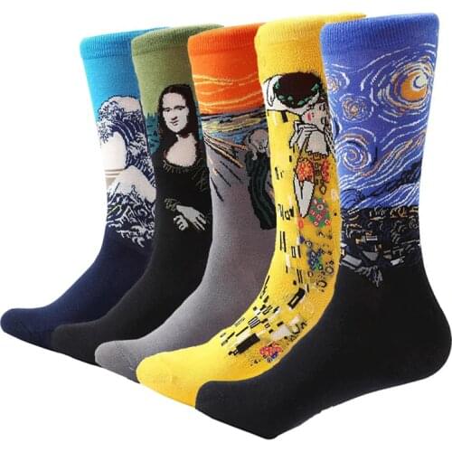 MYORED 5 pair/lot men funny socks Cotton Colorful Van Gogh Retro Oil Painting mens colorful business crew sock happy gift socks