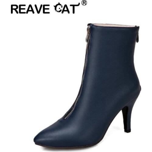 REAVE CAT 2021 Sexy Ladies Mid Calf Boots Zip Retro Pointed Toe Thin Heel Short Plush 8CM US19 Red Blue Black Yellow White A4509