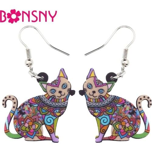 Bonsny Statement Happy Floral Cat Kitten Earrings Big Long Drop Dangle Animal Novelty Acrylic Jewelry For Girls Women Ladies Pet