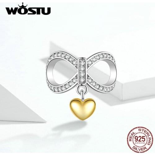 WOSTU 100% Real 925 Sterling Silver Infinity Golden Love Heart Charms Fit Original Women Bracelet DIY Jewelry Making CQC1300