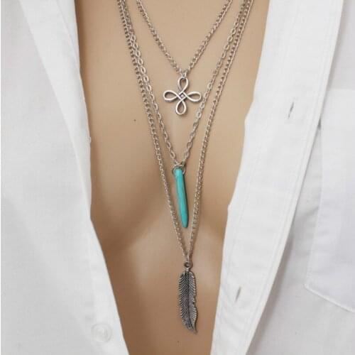 Fashion Jewelry Bohemian Necklace Vintage Chinese Knot Star Feather Multilayer Necklace Female Elegant Long Necklace