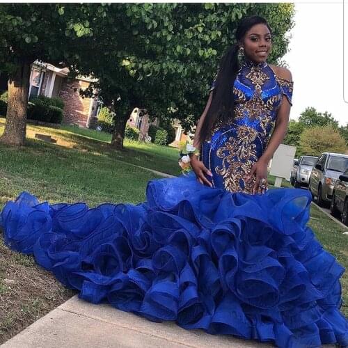 Royal Blue Mermaid Prom Dresses 2020 Sexy Cap Sleeve Gold Sequin Tiered Ruffles African Black Girl Long Prom Dress
