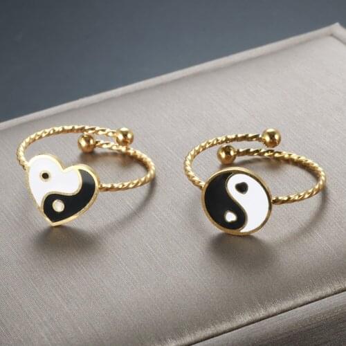 ZMFashion Stainless Steel Enamel Yin Yang Heart Shape Ring Gossip Adjustable Wamen Luxury Couple Ring Jewelry Gift 2021 Trend