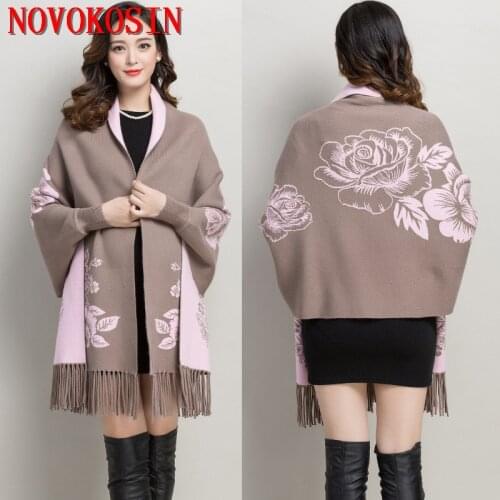 2021 Khaki Navy Blue Outstreet Cloak Oversize Winter Knitted Poncho Women Printed Tassel Caridan Female Long Sleeves Capes