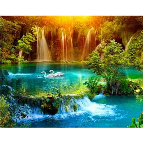 Waterfall View DIY 5D Diamond Painting All-round Diamond Painting Cross Stitch Swan Picture 3D Rhinestone Embroidery Art