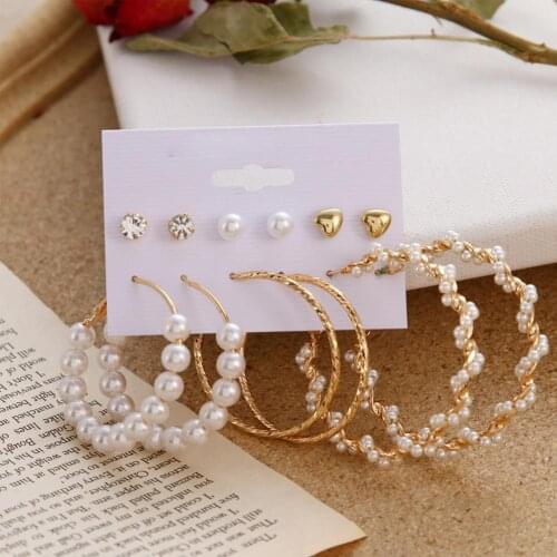 6 Pairs/Sheet Fashion Women Earring Elegant Large Circle Tassel Faux Pearl Hoop Dangle Ear Ring Jewelry Accessory Gift