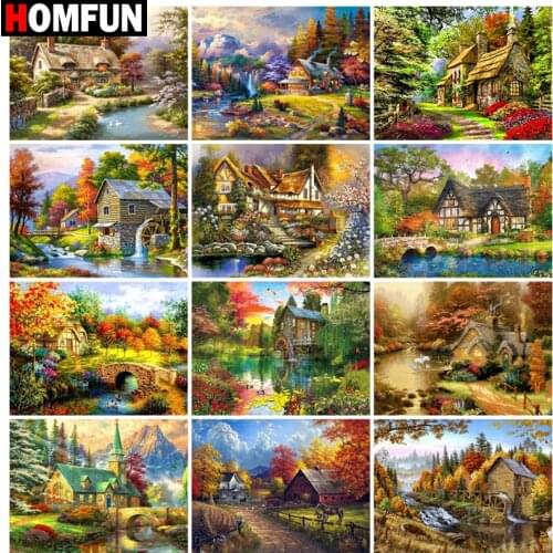HOMFUN 5D Diy Diamond Painting Cross Stitch "Landscape house forest" Home Decor Full Rhinestones Inlay Diamond Embroidery