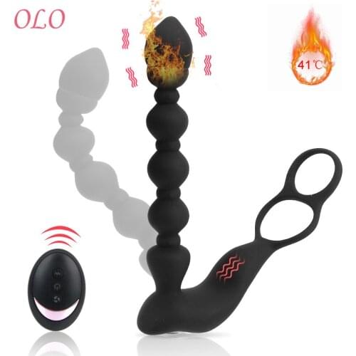 OLO Cock Ring Wearing Anal Beads Prostate Massager Remote Control Intelligent Heating Dual-use Vibration Butt Plug 10 Speed