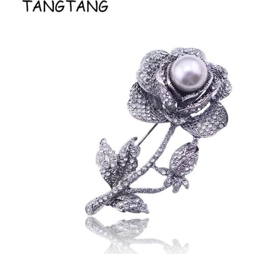 TANGTANG Rose Brooch Large Pearl Brooch Pin Jewelry Gunmetal Plating Women Brooches Ornament Accessory Pins Plant Jewelry