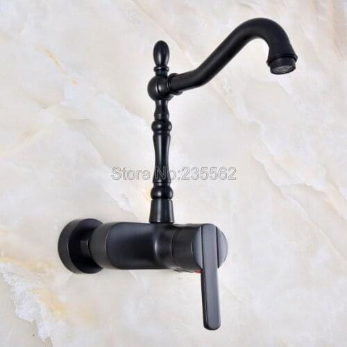 Black Oil Rubbed Brass Kitchen Sink Faucet Wall Mounted Single Handle Bathroom Basin Cold And Hot Mixer Tap lnf840