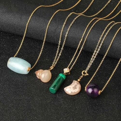 CSJA Natural Stone Pendant Necklace Amethysts Amazonite Gold Color Square Necklaces for Girls Crystal Quartz Collier Luxe S780