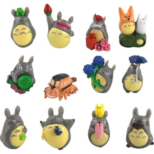 12pcs My Neighbor Totoro Figures Chinchilla Catbus with Umbrella Flower Leaf Frog Hayao Miyazaki Anime Model Toys