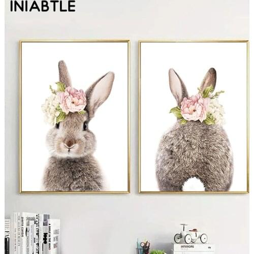 Rabbit Bunny Tail Nursery Wall Art Picture Flower Animal Canvas Poster Print Child Painting Nordic Kids Baby Girls Room Decor