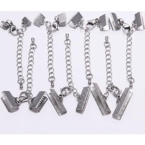 5pcs Steel Ribbon Leather Cord End Fastener Lobster Clasps Connectors With Chain For Bracelet Diy Jewelry Making Findings