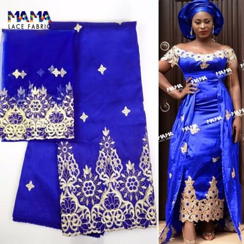 Royal Blue 2021 High Quality African Raw Silk George Wrappers With Net Lace Embroider Nigerian Lace Fabrics for Women Dress