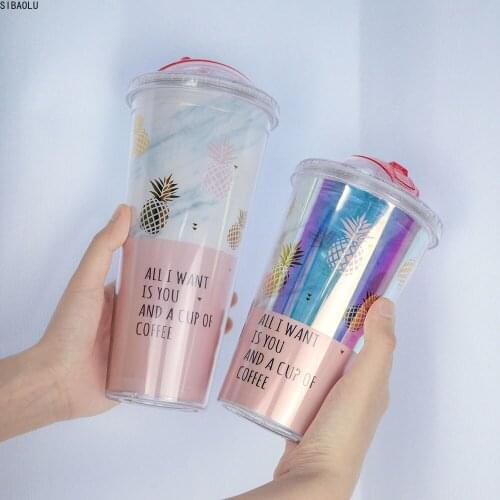 Gold Plating Pineapple Mug BPA Free Plastic Double Layer Water Bottle With Straw Travel Portable Juice Coffee Milk Cup Drinkware
