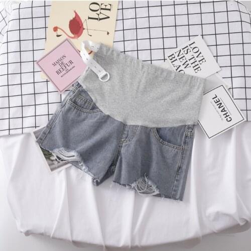 Summer Casual Denim Maternity Shorts Elastic Waist Belly Ripped Hole Wide Leg Loose Hot Short Clothes for Pregnant Women
