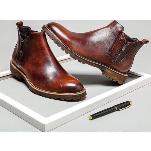 Men winter Boots Genuine cow leather chelsea boots brogue casual ankle flat shoes Comfortable quality lace up dress boots 2020