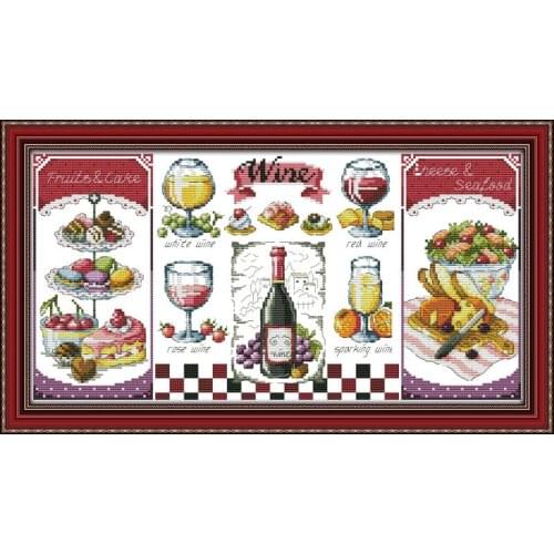 Joy Sunday Red Wine and Desserts Cartoon Pattern Cross Stitch Printed Canva 11&14CT DMC Needlework Set Embroidery Kit Home Decor