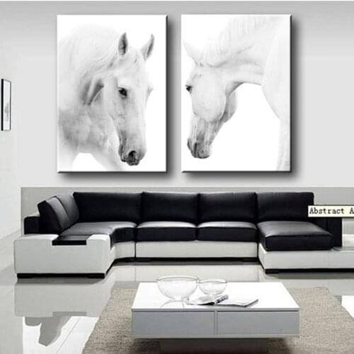 2 Panels White Horse Wall Art Pictures Painting Wall Art for Living Room Home Decor (No Frame)
