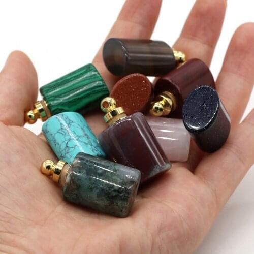 Natural Stone Perfume Bottle Pendant Flat Cylindrical Semi-precious Pendant For Jewelry Making Charms DIY Necklace Accessory
