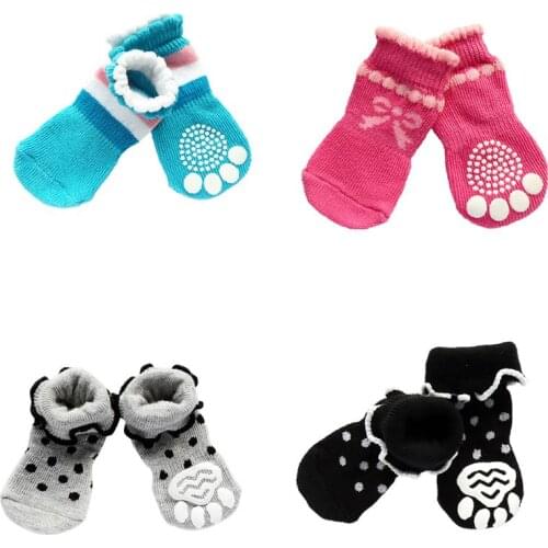 New Product For Small Dog Socks Cotton Pet shoes with Bottom Non-slippery Warm Sock 4 Pcs Dogs Skid Shoes AA