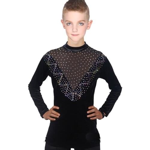 Latest Latin Dance Tops Boys Black Perspective Rhinestone Shirt Practice Rumba/Ballroom Competition Boys Dance Clothes VDB726