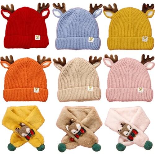 New Baby Christmas Hat Scarf Gloves for Girls Boys Cute Cartoon Antlers Knitted Hats Autumn Winter Warm Babies Accessories 1-2Y