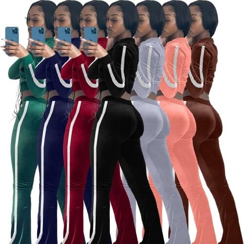 Autumn Women Two Piece Set Striped Side Velvet Zipper Coat And Long Pants Tracksuit Matching Set For Women Outfit