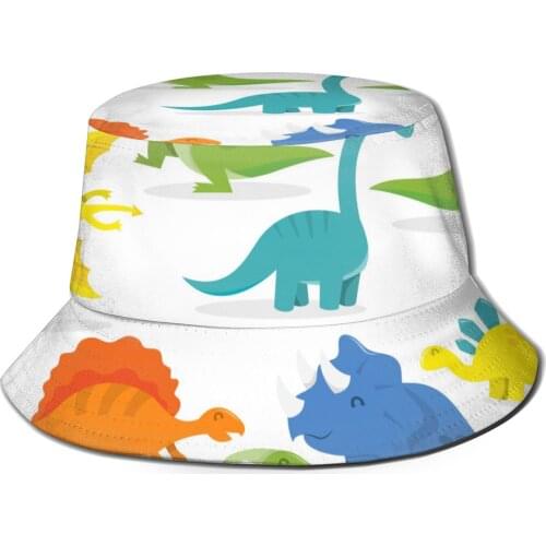 CINESSD Happy Cartoon Dinosaur Background Bucket Hat Summer Hats Fisherman Hat Foldable Women Men Sunscreen Shade Caps
