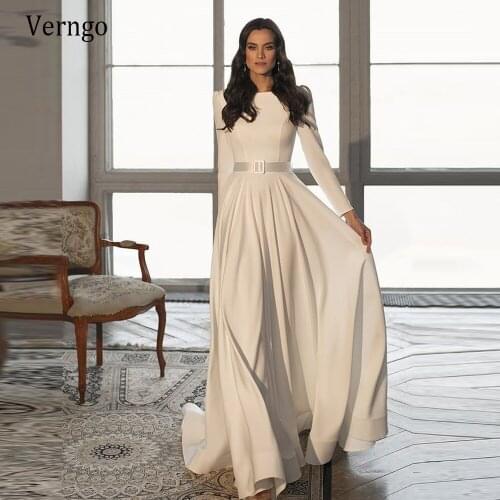 Verngo 2021 Simple Soft Satin A Line Beach Wedding Dress Long Sleeves Scoop Neck Ribbon Sash Floor Length Bridal Gowns Buttons