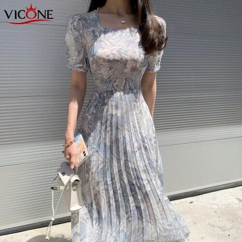 VICONE Square Collar Watercolor Large Flower Chiffon Pleated Long Dress
