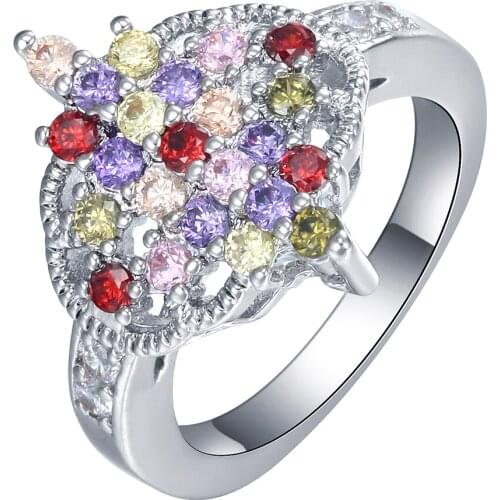 Unique silver color ring rianbow stone crystal round face lovers gift red purple green champagne pink cz zircon Fashion jewelry