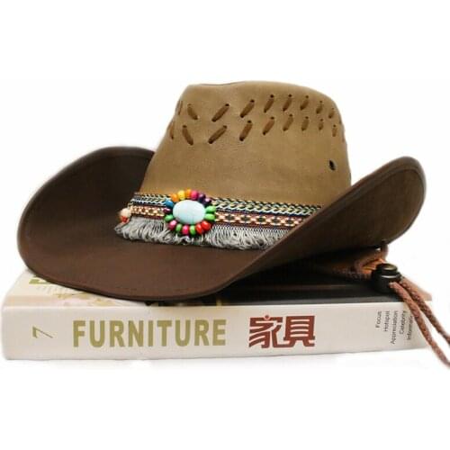 Unisex Women Men Retro Turquoise Bead Band PU Leather Roll Up Wide Brim Sombrero Sun Cap Beach Cowboy Cowgirl Western Hat (58cm