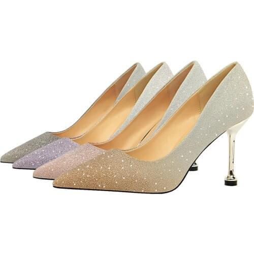 Korean version fashion thin heels light mouth pointed head, shining color gradient color matching high heels womens single shoe
